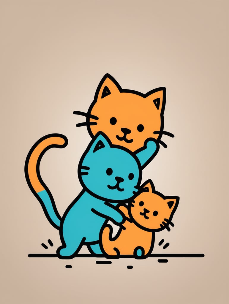 Simple figural illustration of a two kittens playing, solid color background, Keith Haring style graffiti, sharp illustrations, bold lines and solid colors, simple details, minimalism