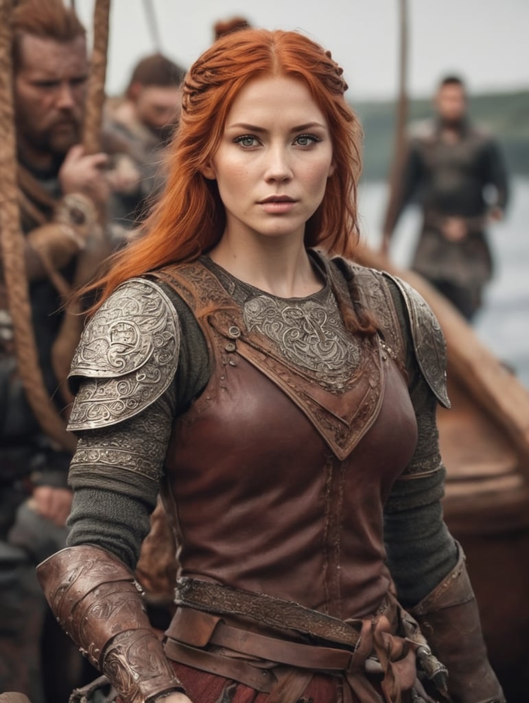 Valkirya warrior short red hair in a viking long ship