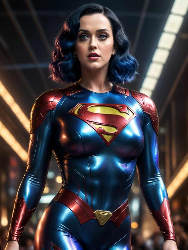 Katy Perry wearing a tight and shiny metallic Superman bodysuit