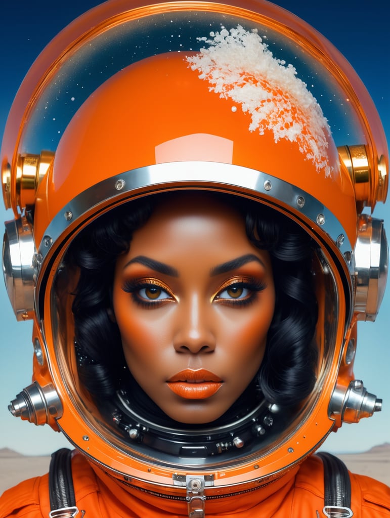 Abstract 1998, fashion photography, 24mm, long shot, 60's black woman astronaut in orange spacesuit with large plexiglass helmet, 80 degree view, art by victor moscoso and bridget riley kodak ektar 100 8k, make it magical by carne griffiths fluid art, conrad roset ilya kuvshinov, mark fielding, zwy studio high lights in eyes, salt. art by sergio lopez, natalie shau.