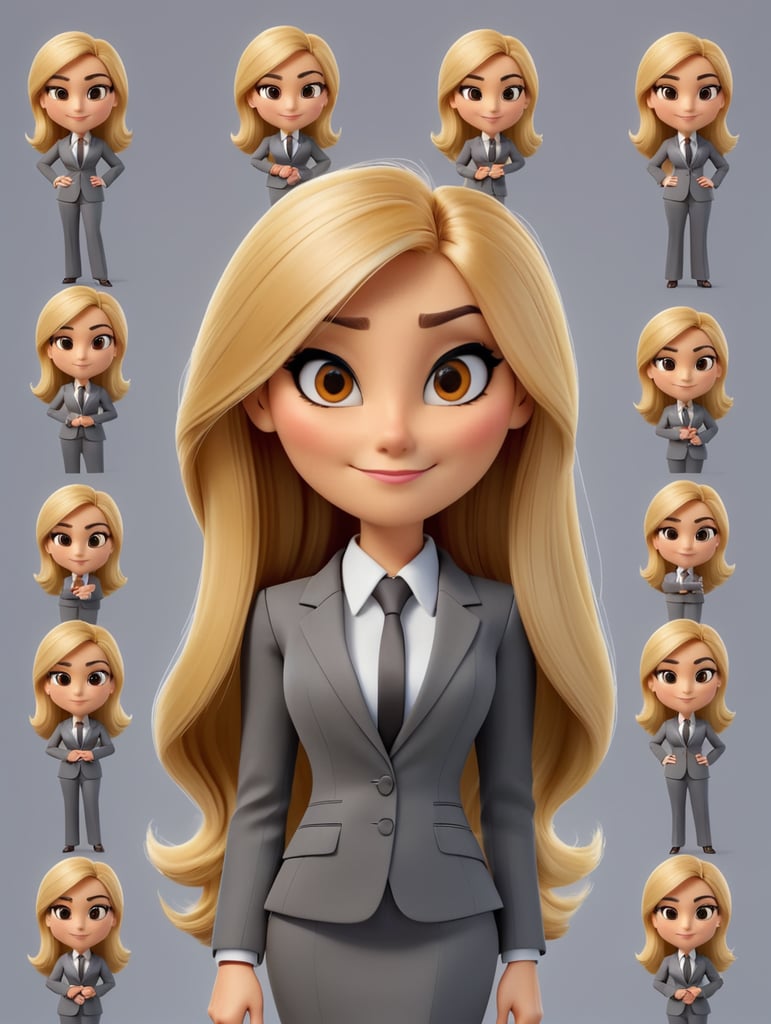 Blonde businesswoman with straight hair and small brown eyes in various character detailsPanels with different poses 8K emoji face character Businesswoman Create a set of business stickers 200x200 pixels. The stickers should have a professional and attractive appearance. The images should be clear and sharp. The colors should be bright and vivid. Confident and professional blonde businesswoman with straight hair and blonde shades and wearing a gray suit is seen in various positions,