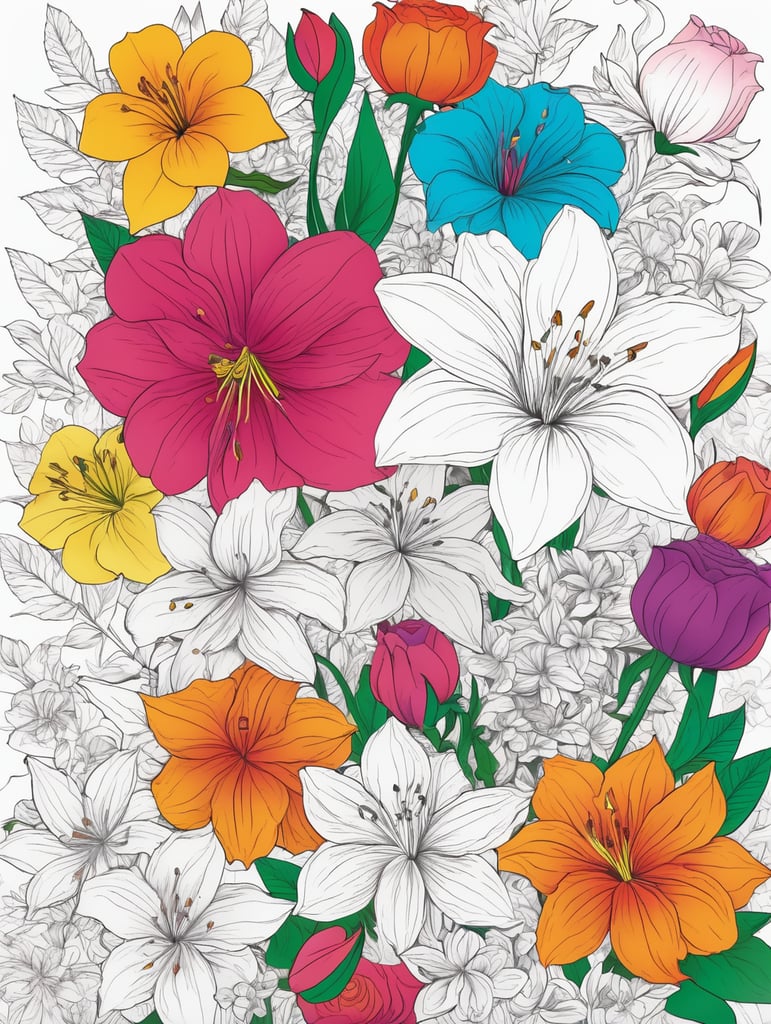 create a vivid colorful a4 size cover page for coloring book on flowers. white background many colorful flowers make the cover bright and vivid where the flowers are overlapping each other, include roses lily's and other flowers on the cover page make the colours bright in two tone and let the colours pop