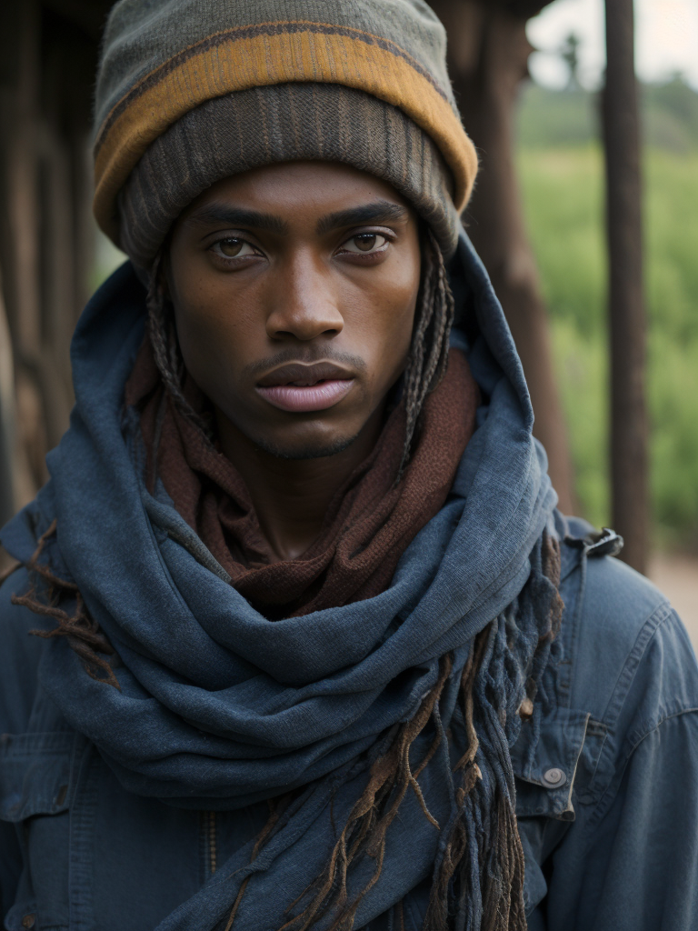 an african model wearing a brown beanie and a colorful scarf with "junk" written on it