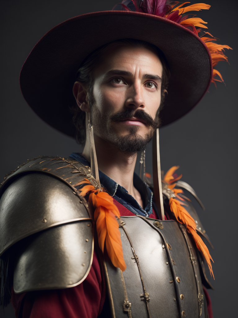 High resolution, high quality, high detail, soft lighting, cinematic lighting, realistic, DSLR, bokeh, studio quality, film grain, panorama, film grab of a young landsknecht wearing a large hat with colorful feather plumes, plate armor, black shirt, moustache, holding a very long sword, standing, simple background, 80s fantasy movie