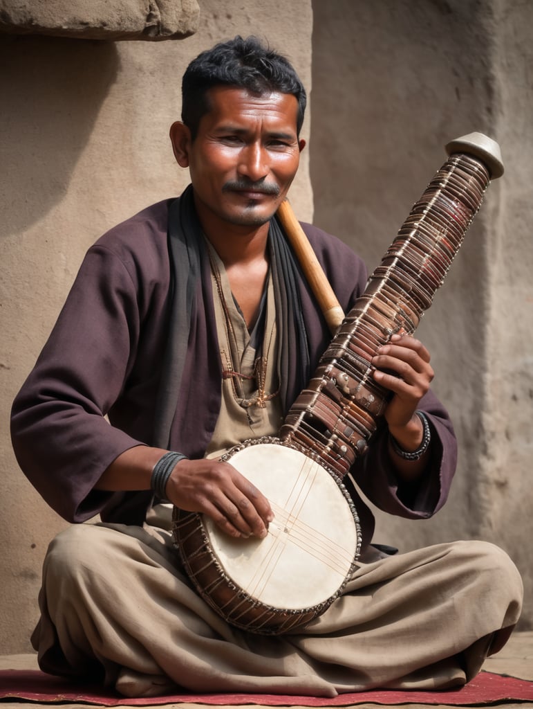 A Gaine the traditional musician of Nepal playing Nepali Sarangi