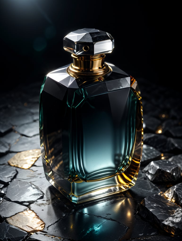 professional photography of a luxury perfume, square chrome bottle, faceted black stone in the form of a cap, in the space, no label, clear, mockup