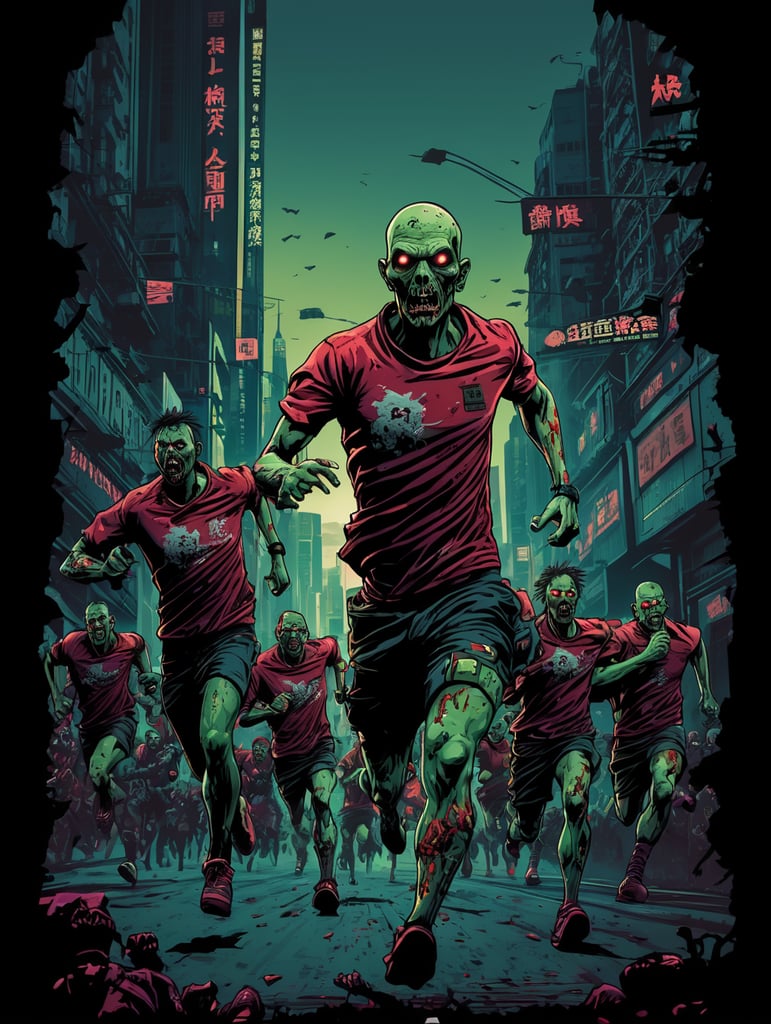 tshirt print design of ZOMBIE HORDE RUNNING THROUGH CITY, cyberpunk, neo future