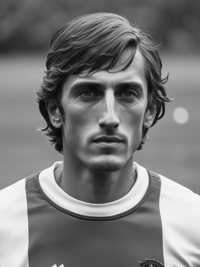 Johan Cruyff, highly detailed, realistic, Blurry background, sky, clouds, sunlight, Sports magazine, dramatic light, sharp focus, grayscale, focus, Ajax football uniform, bigger nose