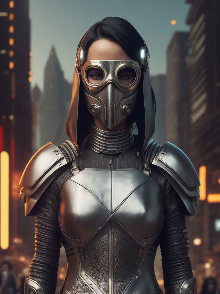 girl dressed in chrome mask and realistic cyberpunk outfit, the mask is metallic, a bit robotic, vintage medium shot 1920's poster with corean ethnicity, with background of futuristic style buildings and futuristic rockets, a little geisha, with a chrome, metallic color mask