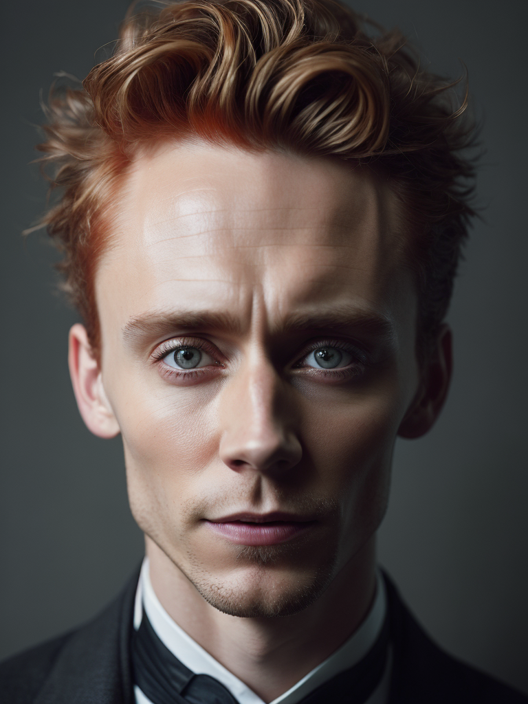 Portrait of Tom hiddleston with red hair in medieval style, detailed face, contrasting light