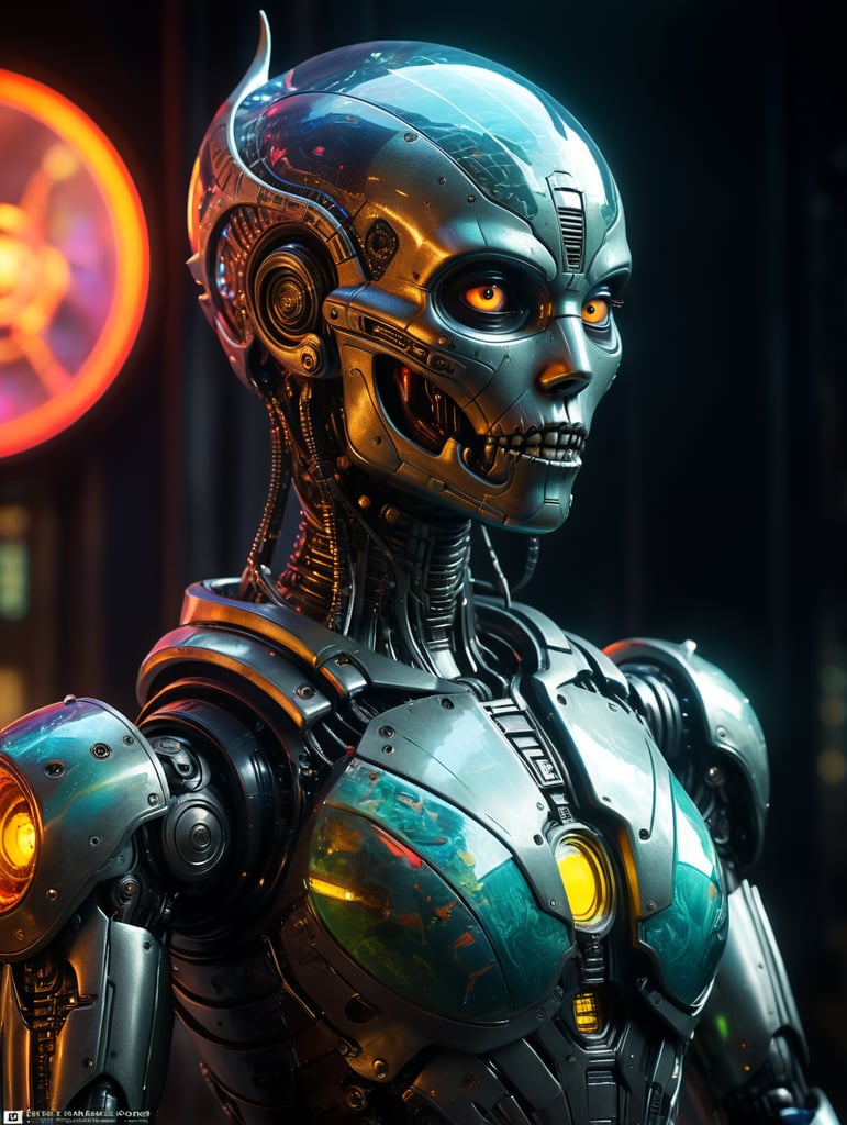 neon city scape, blade runner, humanoid female model portrait, gpld fish bowl, shark skin,beautiful, full body pose, skeletal robot, hyperrealistic scene, spotlight, masterpiece, avantgarde, neon colors, full body pose, sci-fi, futuristic otherworldly planet scape, robot humanoids
