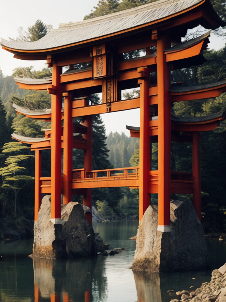 Red torii gate in middle of a lake, Dense forest on the edge of the lake, Bright and saturated colors, Japanese culture, photorealistic, contrast light