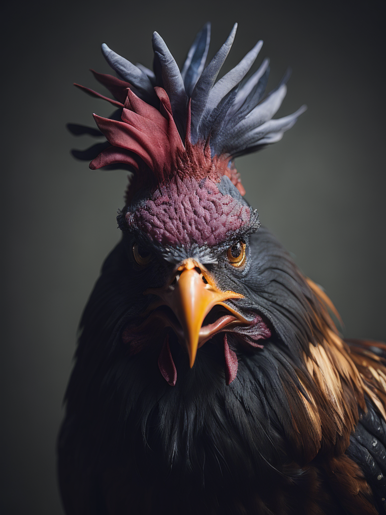 grumpy old rooster head with large eyes, contained in a circle