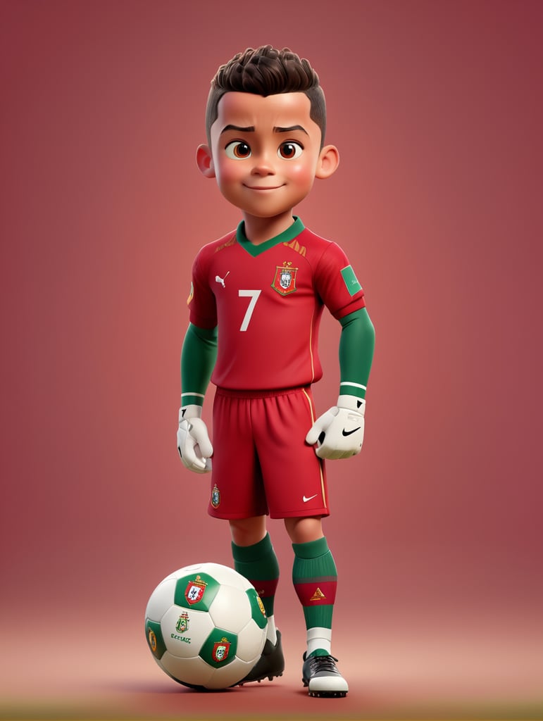 cristiano ronaldo as a kid, portugal national team kit, toon, pixar character, portrait, solid background
