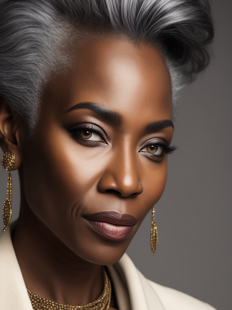 A 50yr old African supermodel with classic Chanel make-up and beautifully styled volume hair, beautiful pores and skin texture, detailed high resolution image, grey hair, Dior makeup, award winning fashion editorial image, soft lighting, gentle expression, she is content with her age