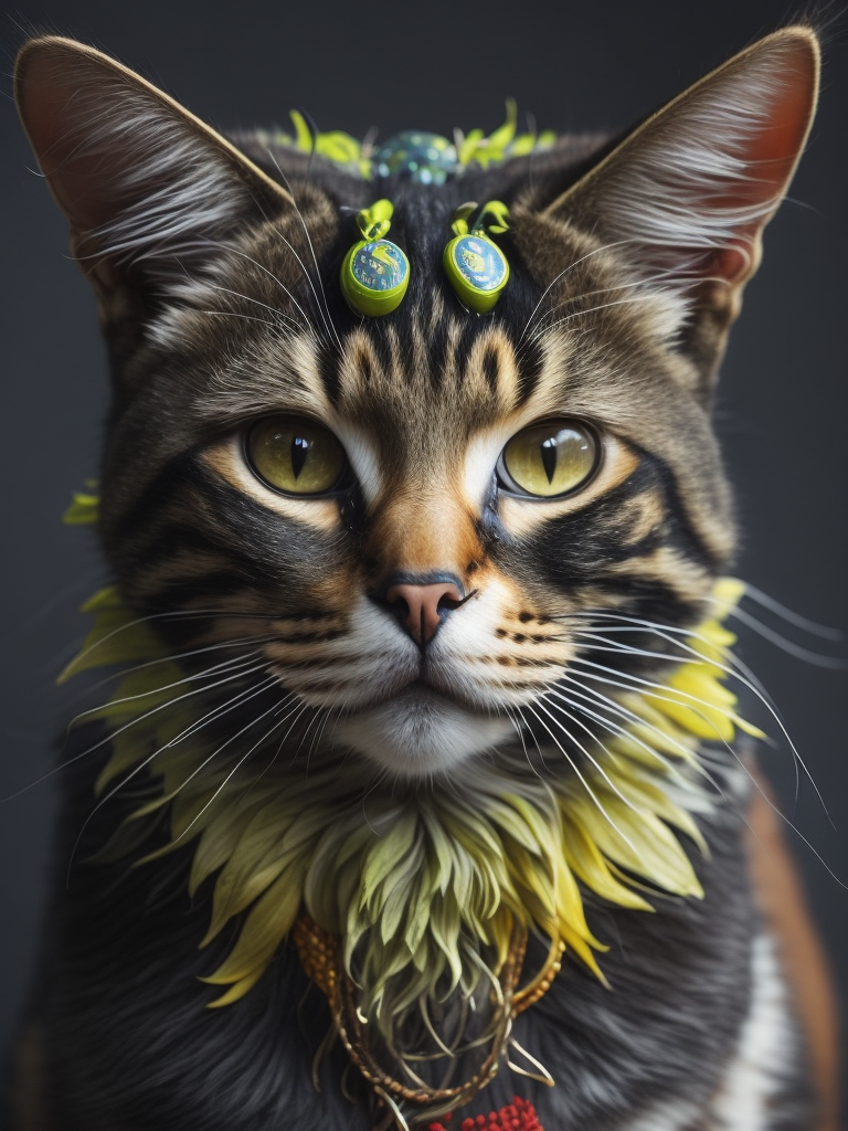 Envision a hyper-realistic, high-resolution image capturing a unique sight: a hippie cat with a beard. The cow is adorned with symbols of peace and love, its fur patterned with vibrant, psychedelic colors. A thick, shaggy beard hangs from its chin, adding to its unconventional appearance. The cat stands in a lush, green pasture under a clear blue sky, embodying the free-spirited ethos of the hippie movement. The colors should be a mix of the natural hues of the cow and the pasture, contrasted with the vibrant colors of the hippie symbols. The composition should be a mid-shot, focusing on the cat and its unique features.