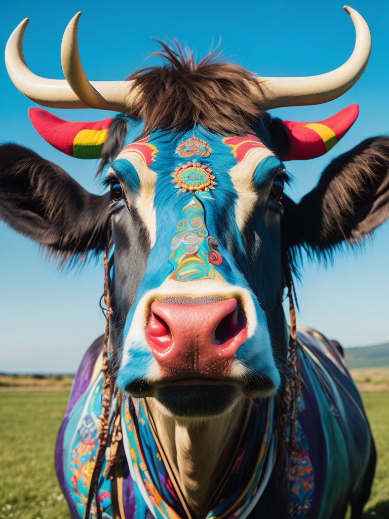 Envision a hyper-realistic, high-resolution image capturing a unique sight: a hippie cow with a beard. The cow is adorned with symbols of peace and love, its fur patterned with vibrant, psychedelic colors. A thick, shaggy beard hangs from its chin, adding to its unconventional appearance. The cow stands in a lush, green pasture under a clear blue sky, embodying the free-spirited ethos of the hippie movement. The colors should be a mix of the natural hues of the cow and the pasture, contrasted with the vibrant colors of the hippie symbols. The composition should be a mid-shot, focusing on the cow and its unique features.