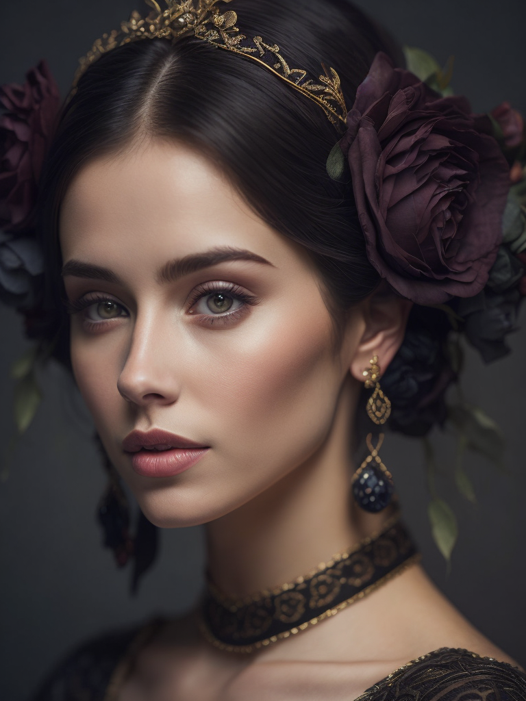 Portrait of a Beautiful women from Russian fairytale wearing traditional costume everything around black roses, deep atmosphere