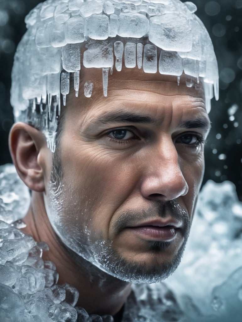 Portrait of a Translucent man made from the ice, organs are visible through the ice