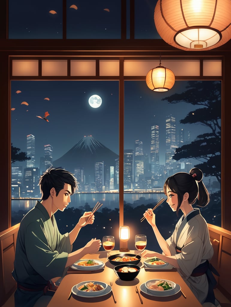 couple dinner at Japanese restaurant with warm light ambience, 2 persons, background big window glass with a night scene, anime art style