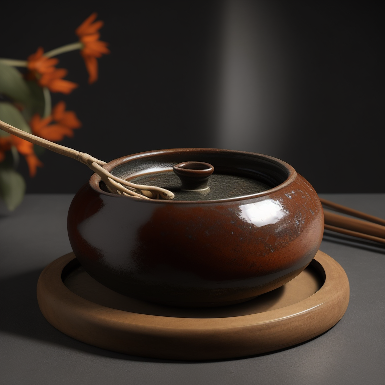 ancient small clay and glazed Chinese pot, deep atmosphere, realistic photo