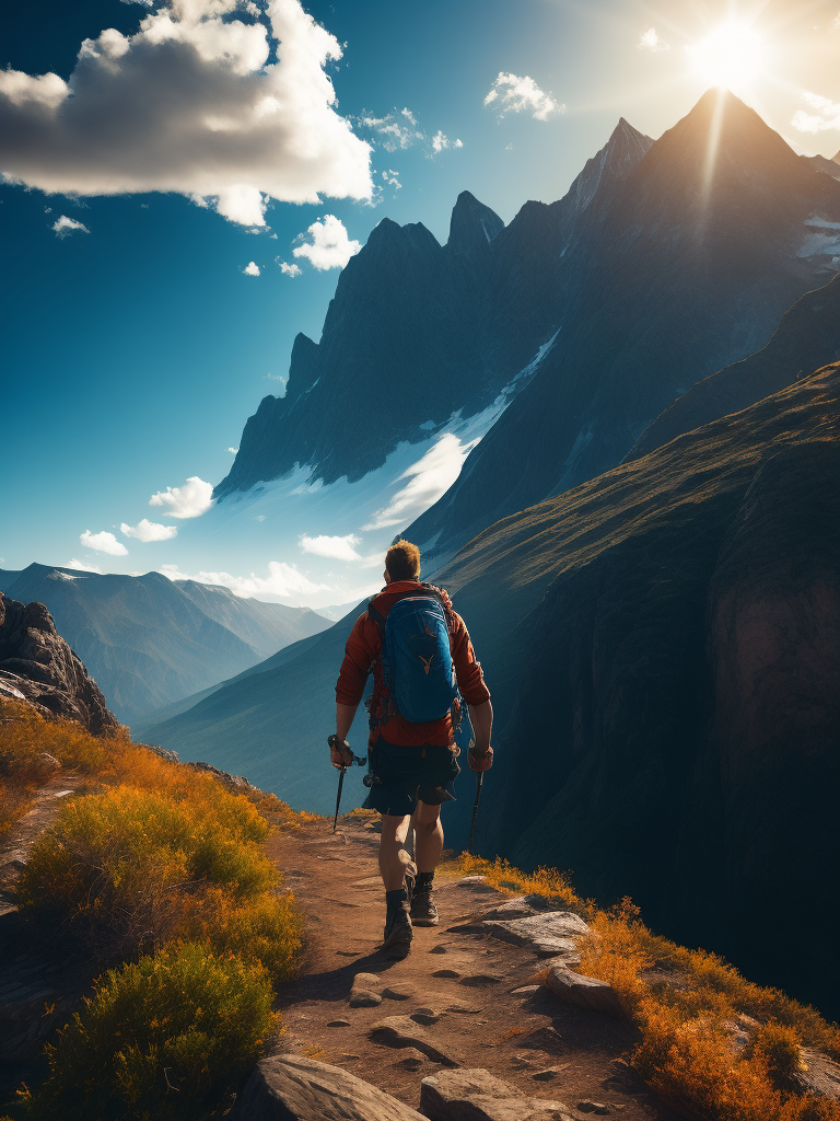 Man hiking in a mountain, brilliant blue sky, serene, peaceful, majestic, high detail, landscape, ultra hd, matte painting, highly detailed, concept art, contrast light, deep colors