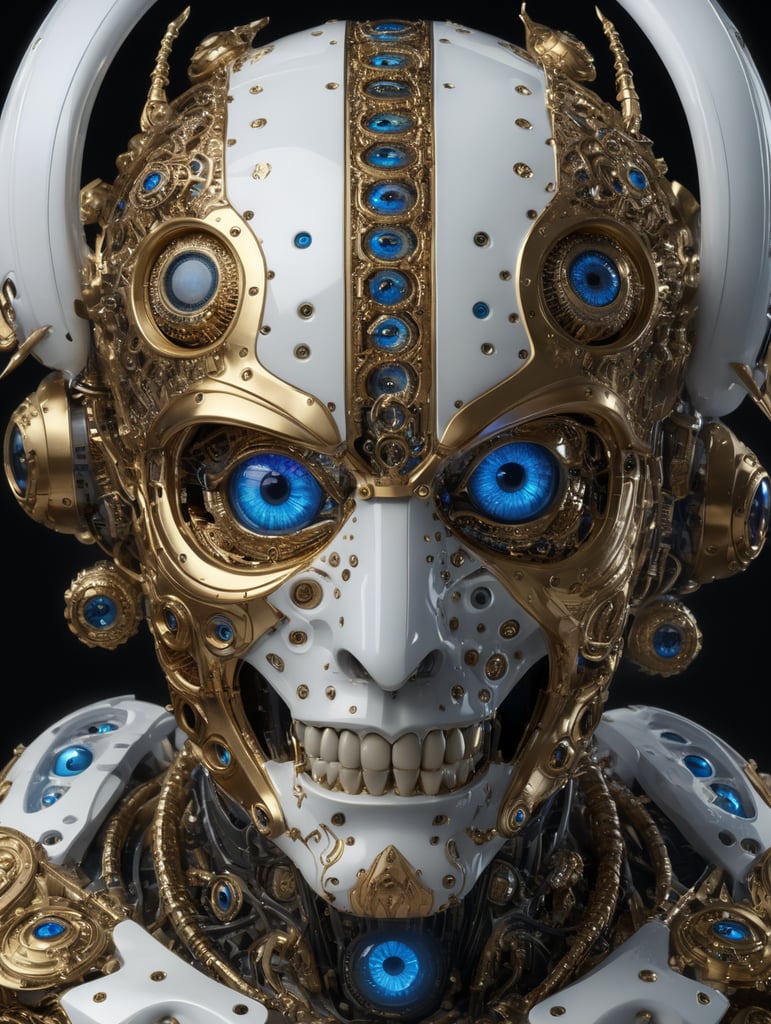 Made of segmented white plastic and gold, biomechanoid Biomechanical, biological robot with many eyes, extra eyes , multiple glowing blue eyes, with six eyes, dark fantasy, cinematic, 3d render
