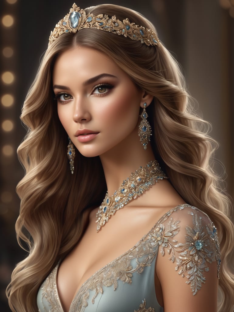 portrait of a realistic beautiful girl with an unusual long hairstyle and beautiful clothes from fashion designer Zuhair Murad 8k