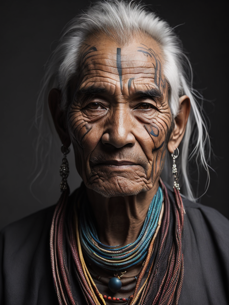 Portrait of a tribal elder with a face tattoo, photography, beautiful, black background, colorful, realistic, masterpieces, top quality, best quality, official art, beautiful and aesthetic