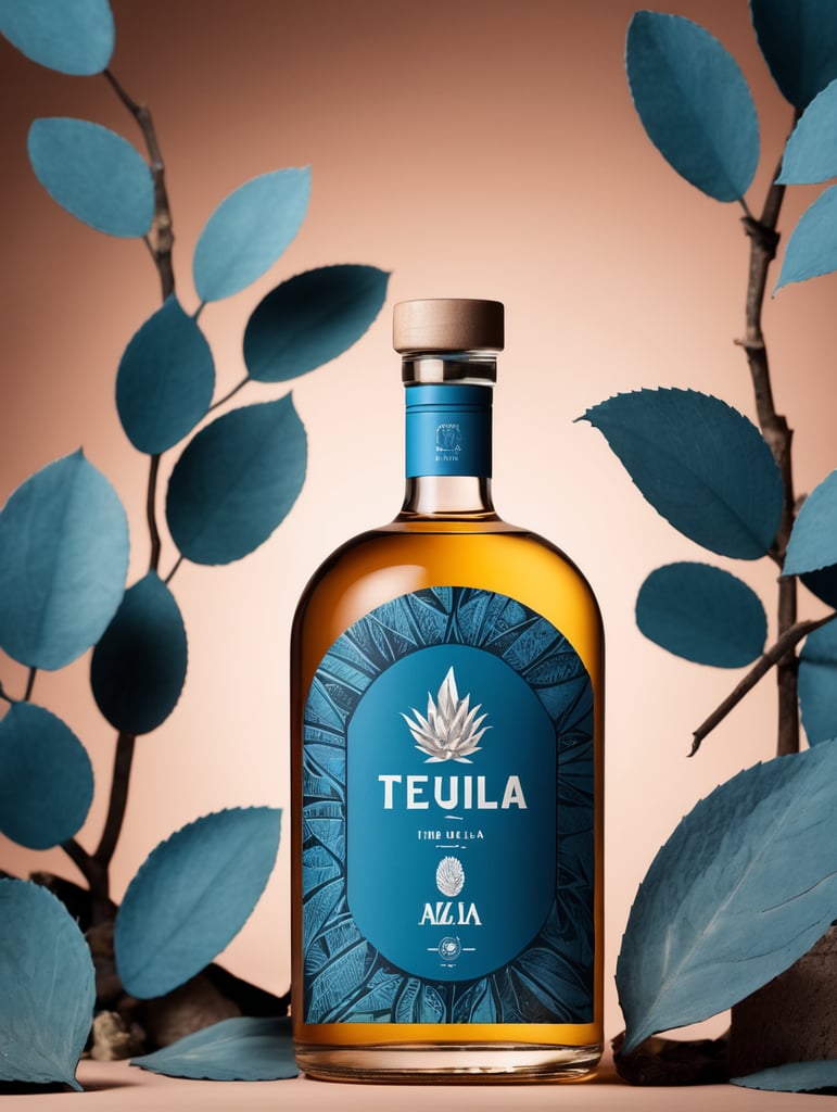 Packaging and branding for a tequila brand as if it had been designed by HI ESTUDIO with In a set design with bricks, Blue agave and dry leaves.