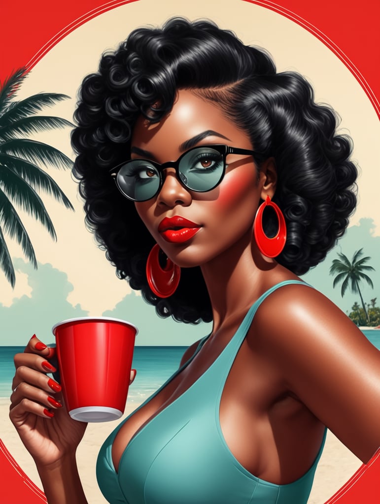 Miami black woman holding a red cup eye-catching poster-style drawing and illustration representing the iconic pulp style.
