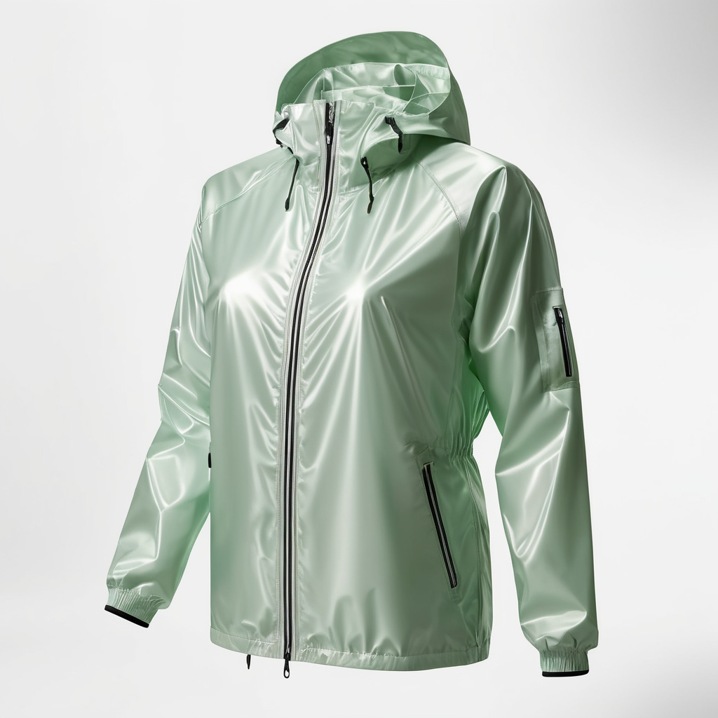 A realistic photo of a chrome windbreaker jacket, for women, coverall with reflective material, isolated, white background