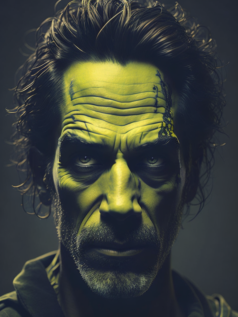 Homer Simpson, Simpsons style, yellow colors, width line, criminal, blood, fog, tattoo on face, cartoon