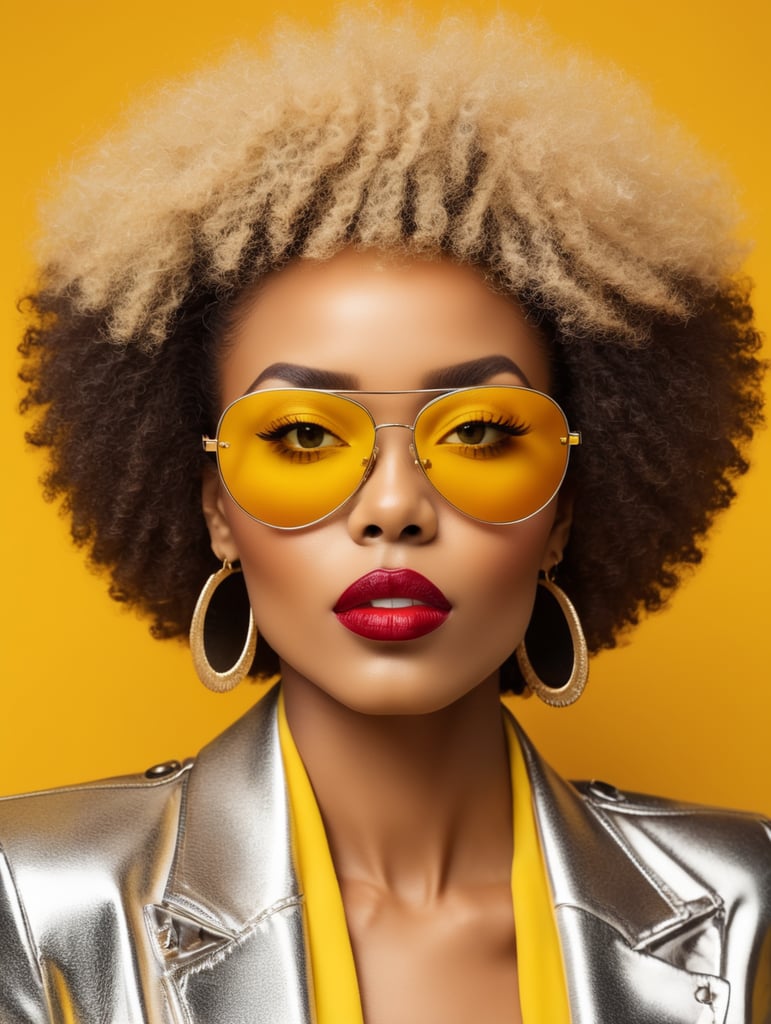 African woman with afro hair style wearing sunglasses, fashion shoot, only face, yellow background, studio photography, magazine cover, ultra bright colors