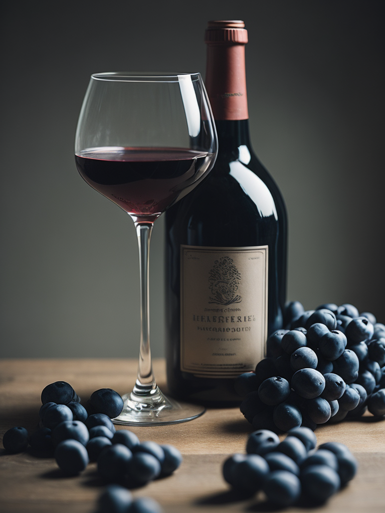 wine bottle with glass of dark red wine, grapes