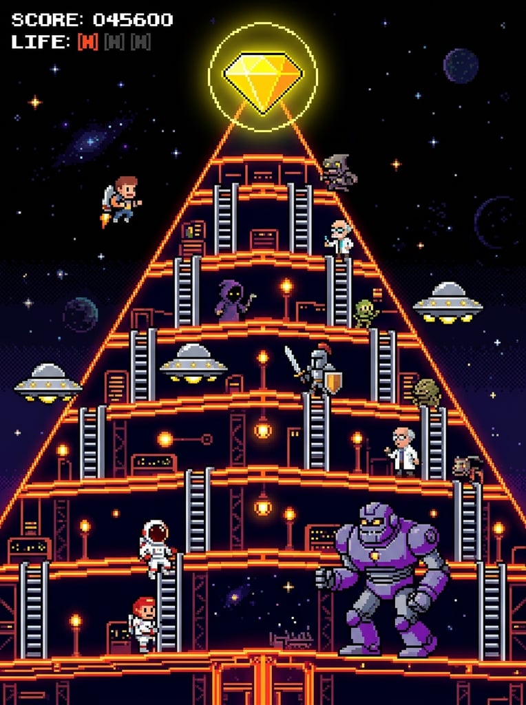 A pixel-art triangular structure of neon orange platforms and silver ladders stands against a dark background, topped with a glowing yellow diamond. Various 8-bit figures, including a tiny astronaut, a giant purple robot, silver flying saucers, and an armored knight, populate the tiered levels.