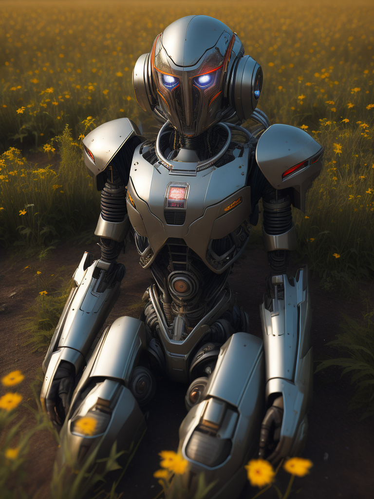 discarded broken full body female robot detached laying on ground in a field of wildflowers graphic style