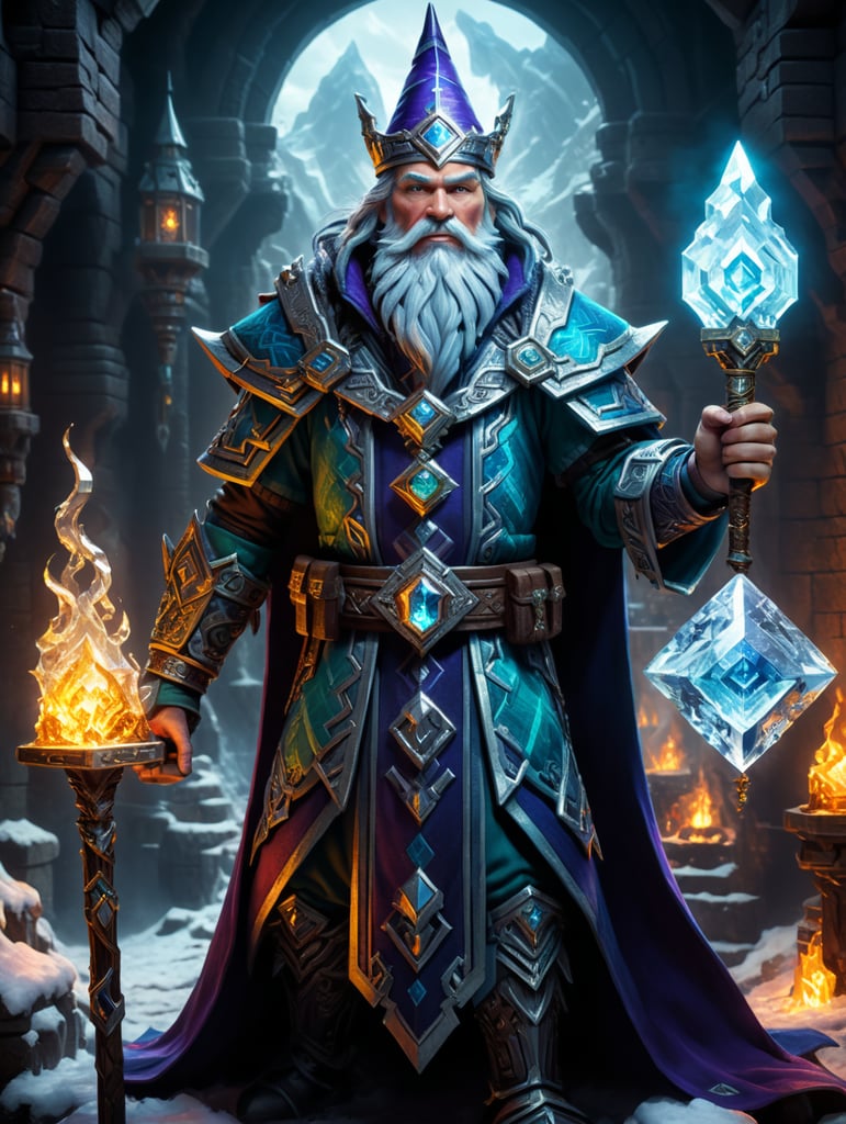 humanized wizard iceologer from minecraft dungeons in vintage fantasy art style