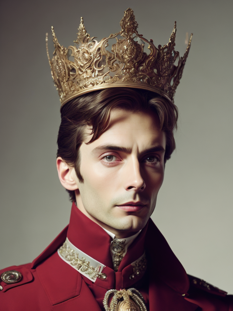 Oil portrait of miles edgeworth, intricate, elegant, highly detailed, lighting, painting, artstation, smooth, illustration, art by greg rutowski and alphonse mucha, david tennant king, david tennant with a crown sits on a throne, france, 1952 year