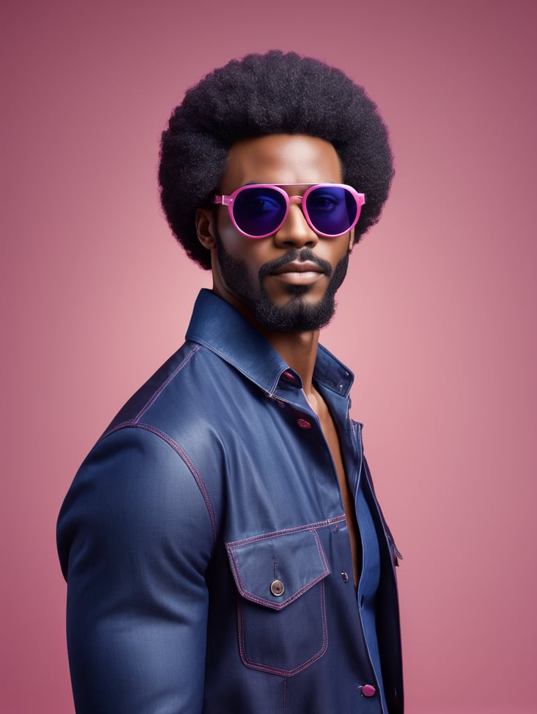 Afro ebony man, sunglasses, avant-garde, simplygo, photoshoot spread, dressed in all indigo, pink background, harpers bizarre, cover, headshot, hyper realistic