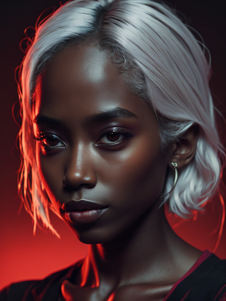 black girl on a red background, red light reflection on her face, White hair