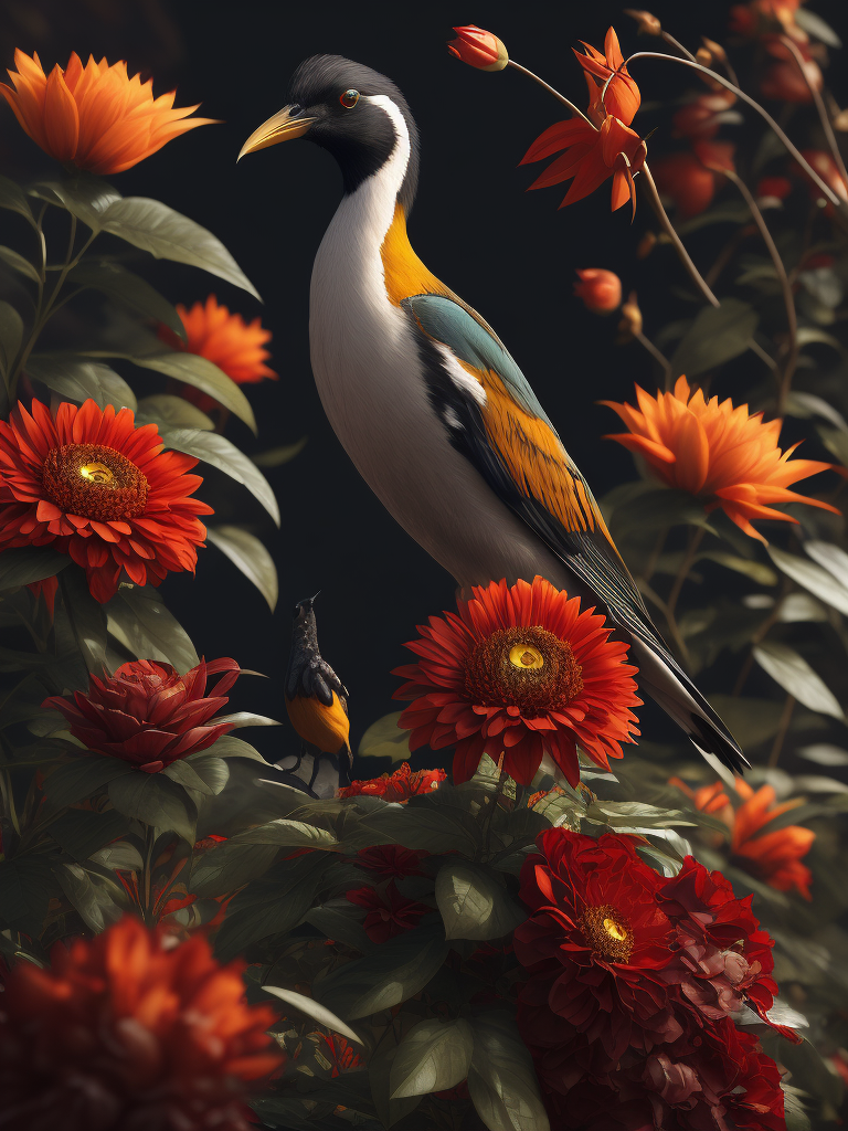 flowers and birds, deep color, sharp on details, vibrance 20, saturation 20