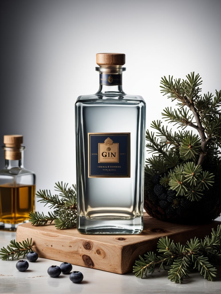 professional photography of a square gin bottle, square bottle, surrounding a juniper and juniper berries, one shot of gin in a front, no label, clear, mockup