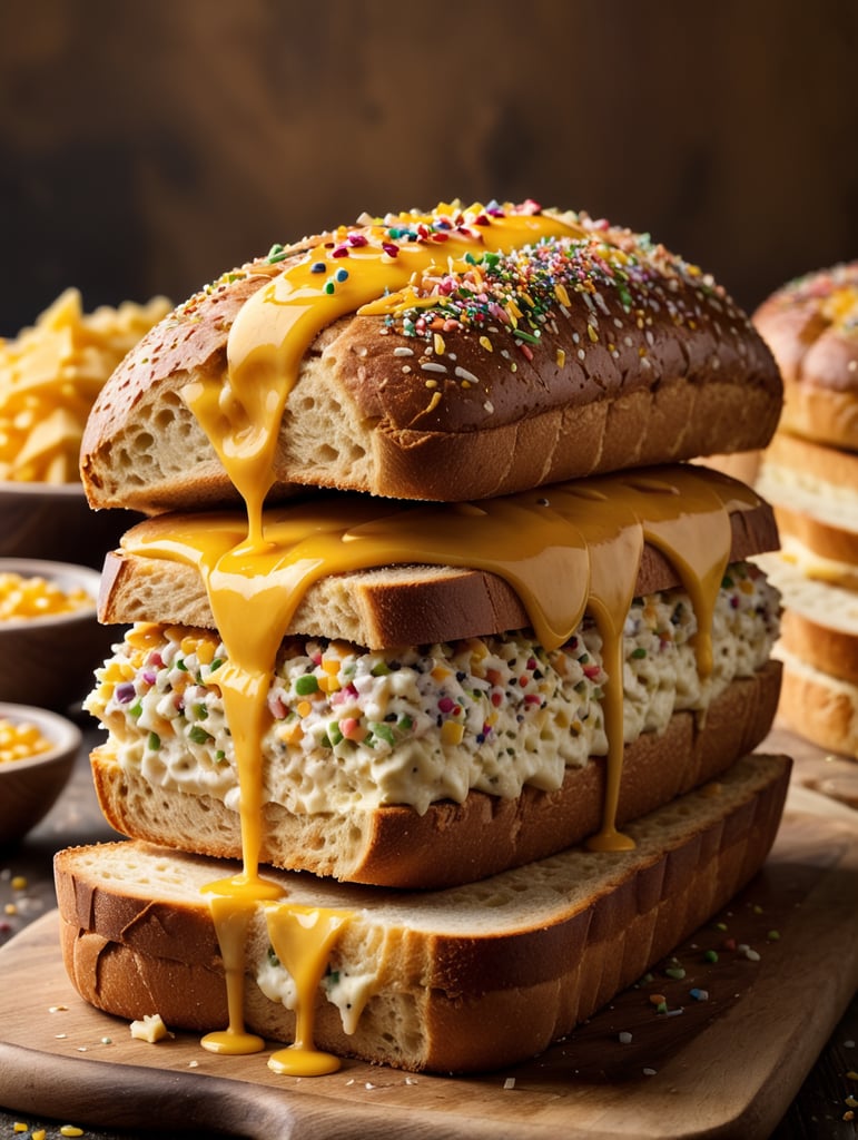 roti long john dengan toping meses dan keju yang melayang jatuh ke roti, shot dengan camera sony a7 mark iii, lensa leica f1.8 77mm, super resolusi