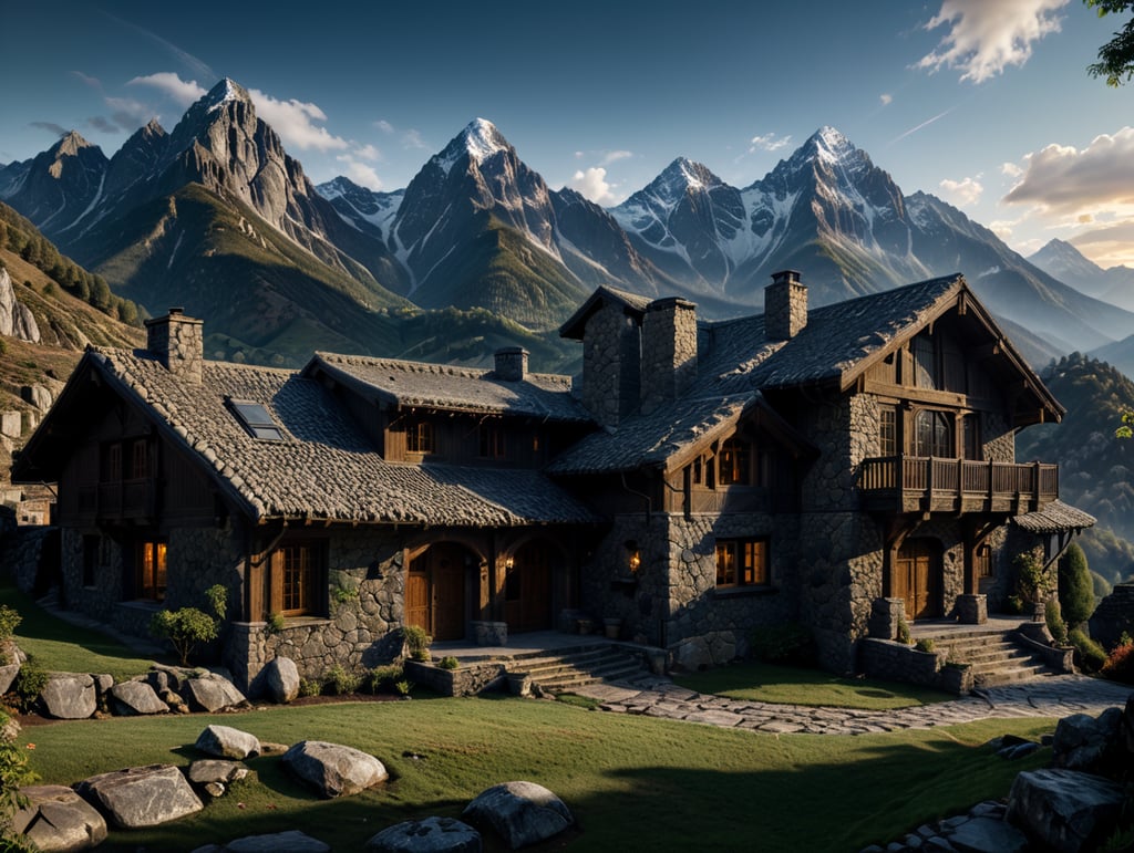 mountain house built of stone, with large windows, mountains in the background