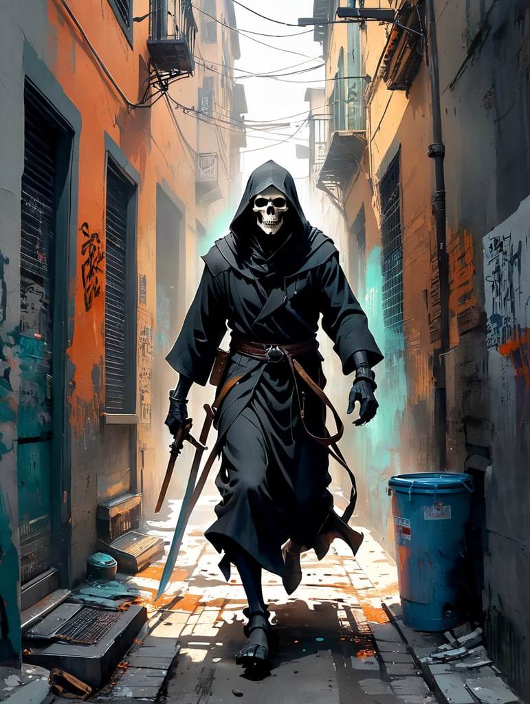 Grim Reaper running into an alleyway seen from a whole new angle
