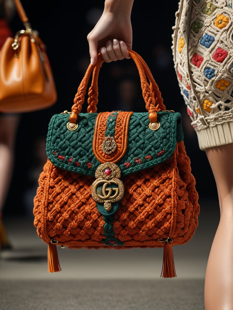 a closeup photo of a small puffy macrame purse made with puffy cords, a Gucci model standing on a runway holding bag with one hand, vogue fashion show, autumn colors