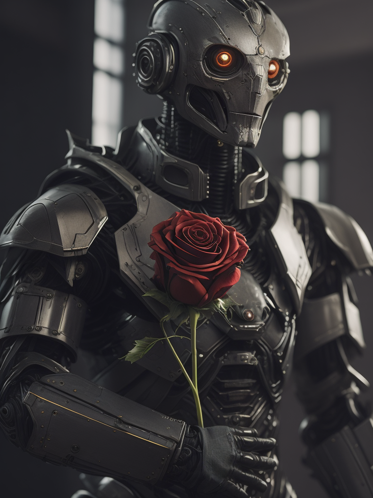 Portrait of a robot detective, holding a rose in his hand