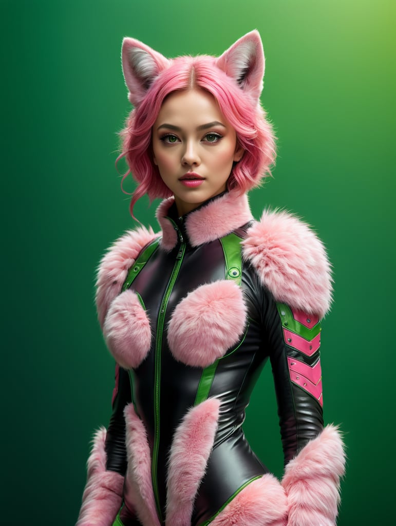 a babe in a pink fur suits poses in front of a green screen, in the style of bold, graphic lines, hyper-realistic pop, natalia rak, manticore, michael page, vibrant stage backdrops, kodak plus-x