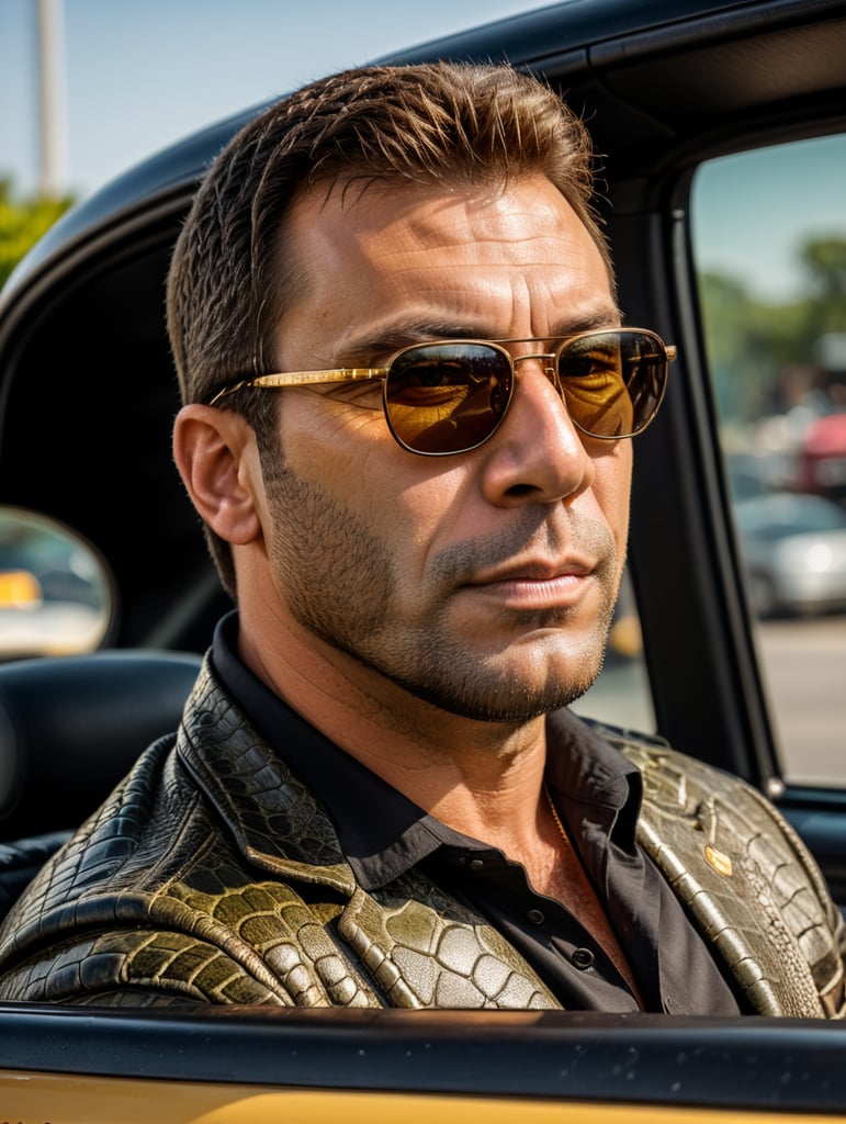 Alligator taxi driver, sitting behind the wheel of a taxi, close-up shot, sunglasses